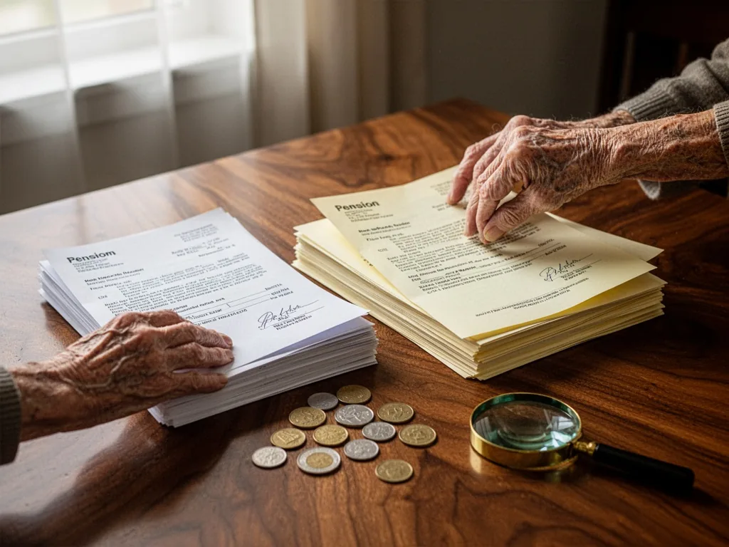 An elderly hand sorting two stacks of pension documents on a walnut table, one stack crisp white, the other pale yellow,