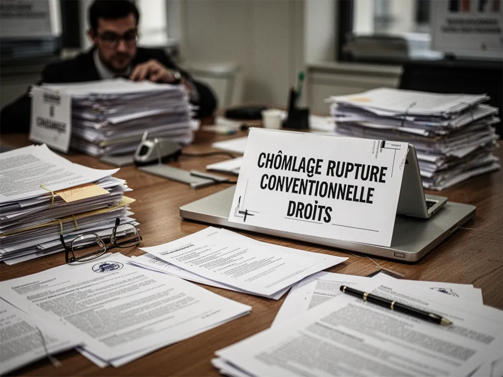 Feuilles d'un dossier de rupture conventionnelle posé sur un bureau