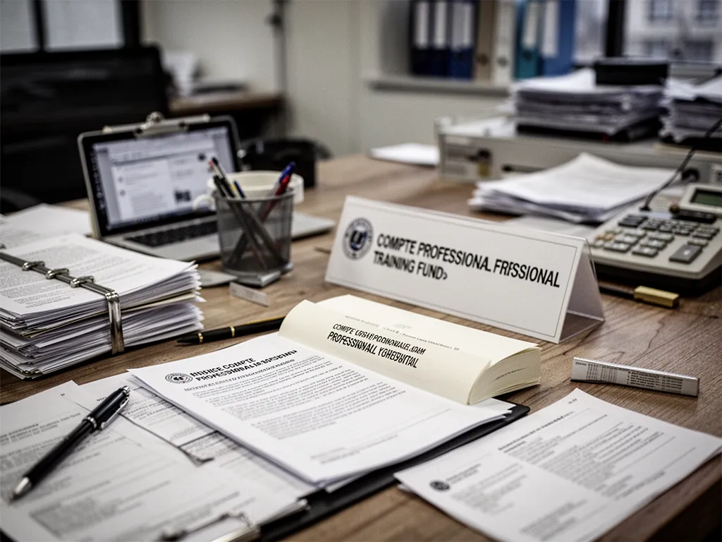 Personne consultant son compte CPF sur une application, carnet de notes et clavier