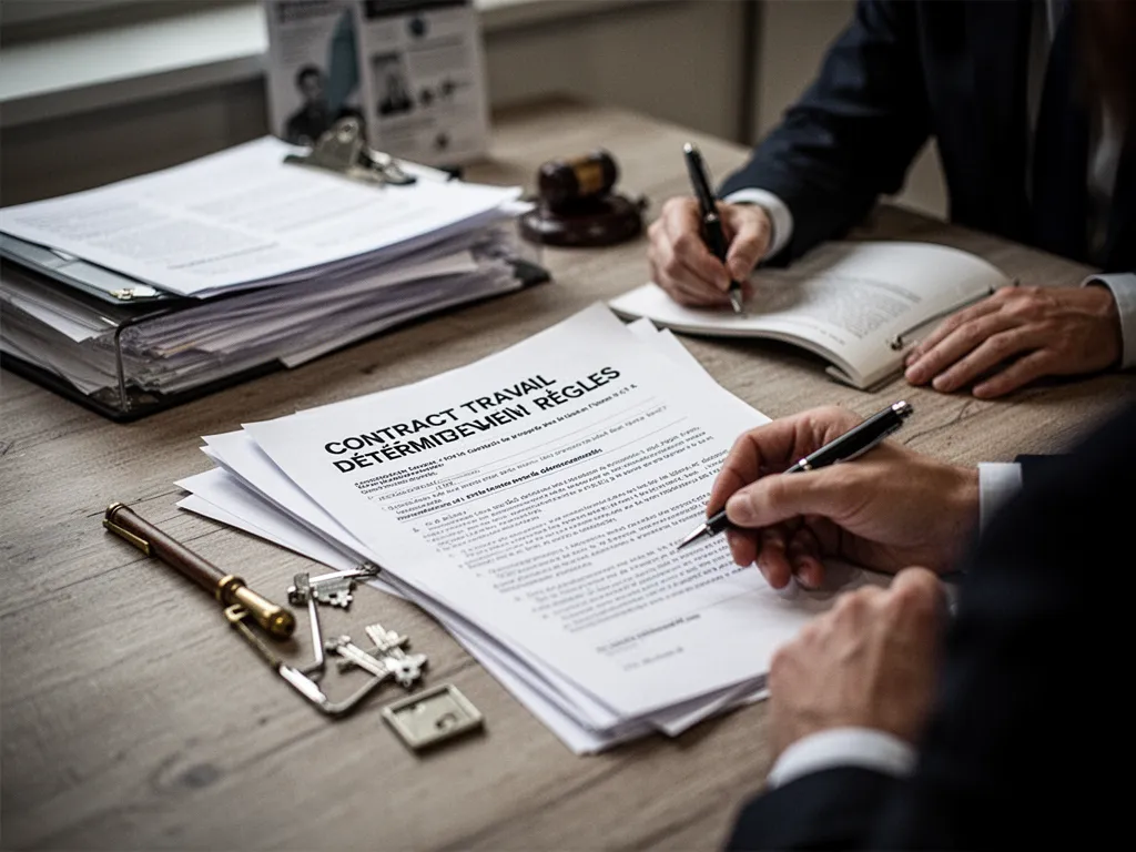 Documents de contrat posés sur un bureau avec un stylo et un ordinateur portable