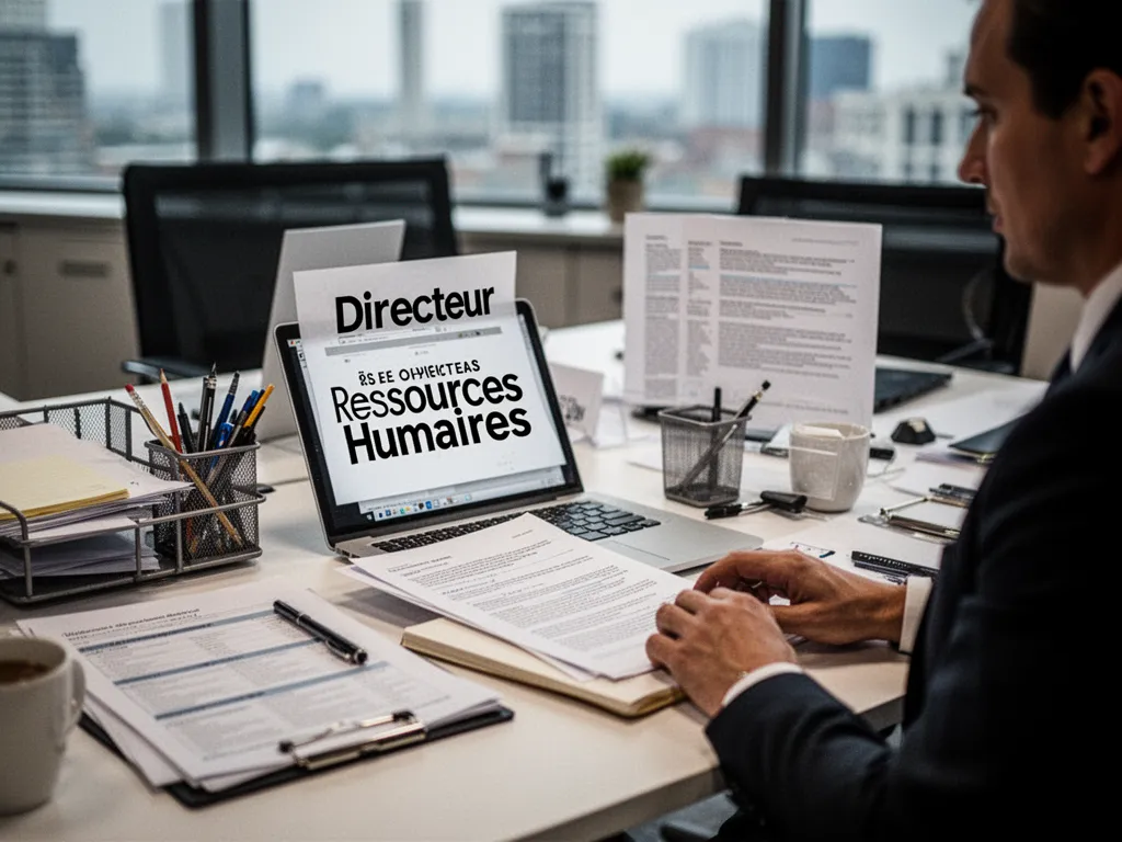 Bureau moderne avec documents RH, ordinateur et main écrivant sur une fiche