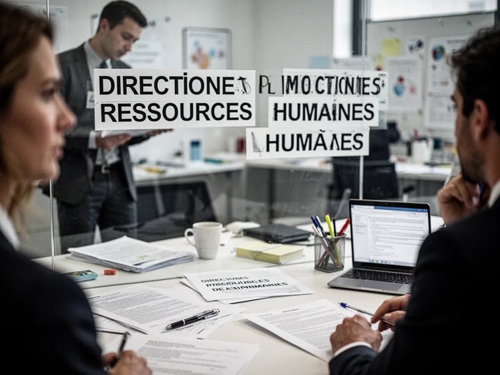 Salle de réunion d'entreprise où une équipe RH échange autour d'un tableau