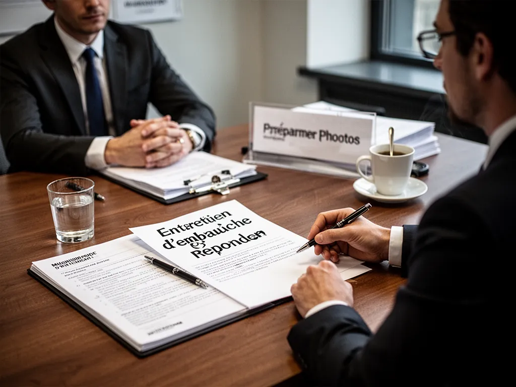 Deux personnes face à face autour d'une table, en situation d'entretien professionnel dans un bureau lumineux