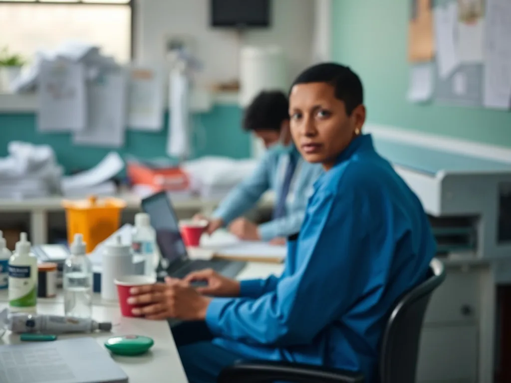 Une femme en blouse médicale souriante, assise à un bureau avec un ordinateur et un téléphone, entourée de dossiers patients, symbolisant le métier de secrétaire médicale.