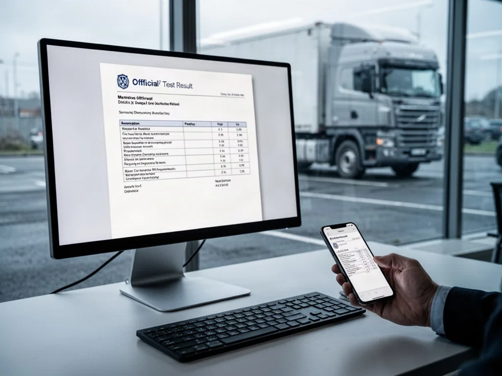 A computer monitor displaying an official test result page, a hand holding a smartphone near a keyboard, a large truck v