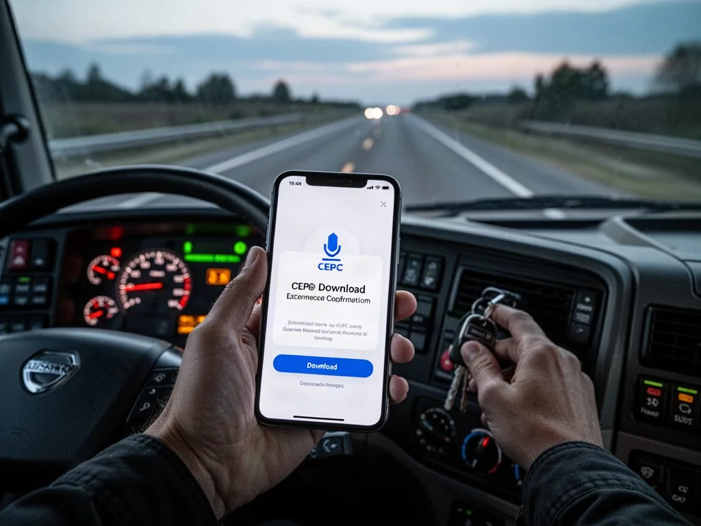 A driver’s hand holding a smartphone with a CEPC download confirmation, the other hand turning a truck ignition key, das