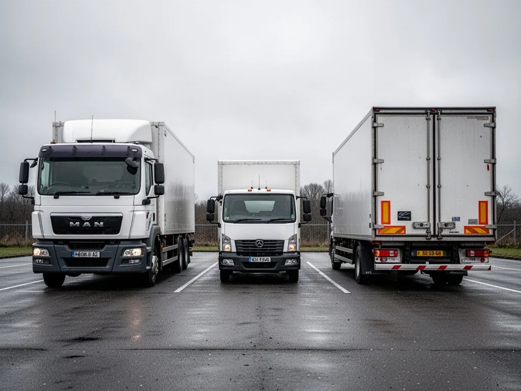 Three trucks parked in a row: a heavy rigid lorry, a smaller delivery truck, and a truck with a trailer, seen from behin