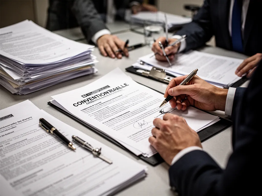 Deux personnes discutant autour d'une table, documents de contrat et stylo