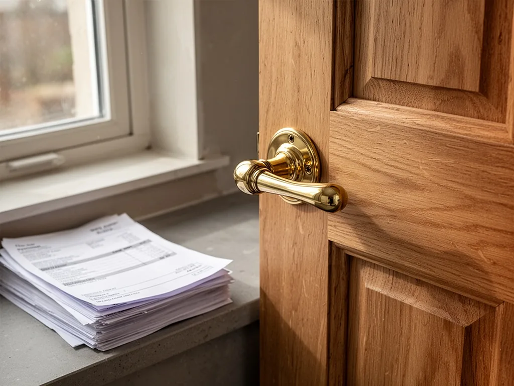 A polished brass door handle being fitted onto a solid oak door, soft window light highlights craftsmanship, a stack of